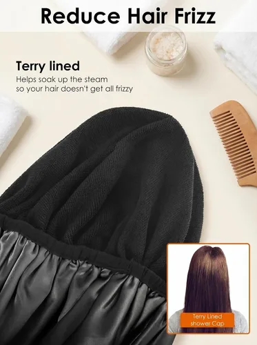 Miniatura 4 de Aquior Gorro de ducha con forro de rizo para mujer, reutilizable, triple capa impermeable, extra grande para mujeres de pelo largo (negro)