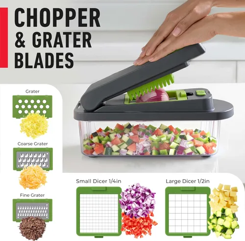 Miniatura 5 de Mueller Pro-Series 10 en 1, picadora de verduras de 8 cuchillas, picador de cebollas, cortador, picador, rebanador de huevos con recipiente