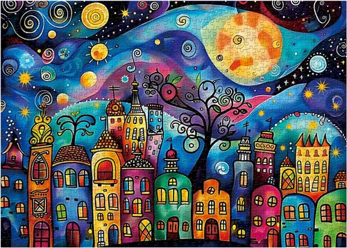 Rompecabezas de casas coloridas para adultos de 1000 piezas, rompecabezas de paisaje nocturno de pueblo, rompecabezas abstracto de cielo estrellado