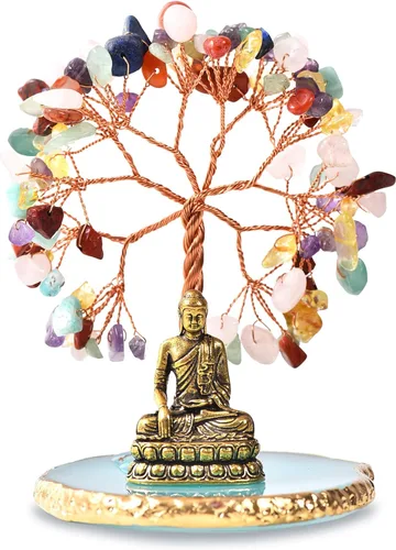Estatua de Buda con árbol de cristal curativo, árbol de la vida para energía positiva. Decoración del hogar Yoga Meditación.7 Chakra.(C)