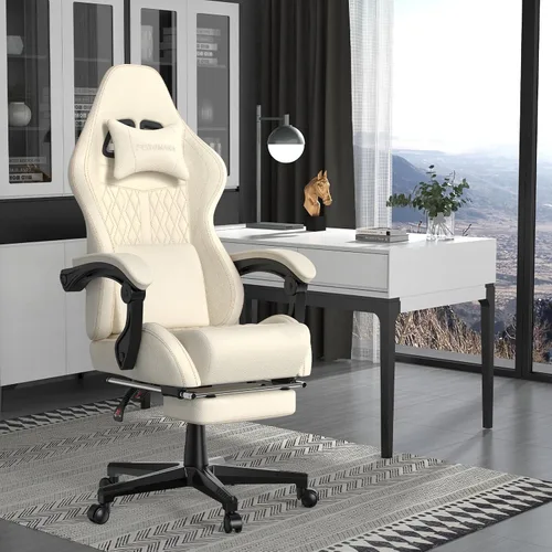 Miniatura 2 de Ferghana Silla vintage de piel sintética para juegos, masaje de respaldo alto, silla ergonómica de oficina para computadora con reposapiés, asiento