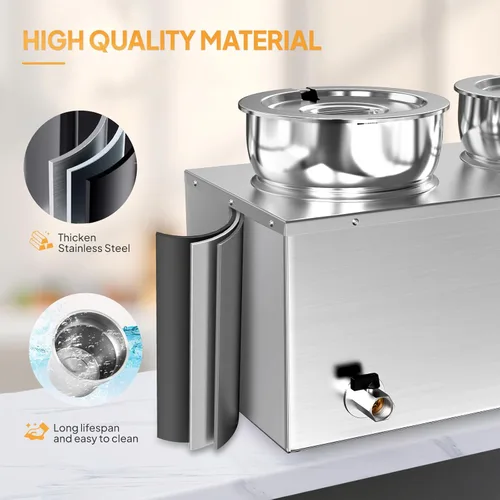 Miniatura 3 de ROVSUN Calentador de sopa eléctrico, mesa de vapor comercial de 15 cuartos de galón, encimera Bain Marie con ollas dobles de 7.4 cuartos de galón