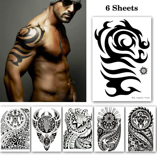 Miniatura 2 de Tatuajes temporales grandes negros, calcomanía de tatuaje de tótem tribal grande para hombres y mujeres, maquillaje de arte corporal, tatuaje falso