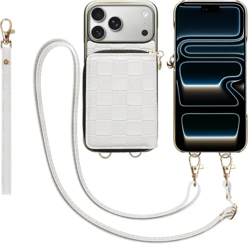 Miniatura 15 de Funda tipo cartera para iPhone 15 de 6.1 pulgadas, bolso cruzado con cremallera y correa para la muñeca con cordón para mujer, tarjetero con bloqueo