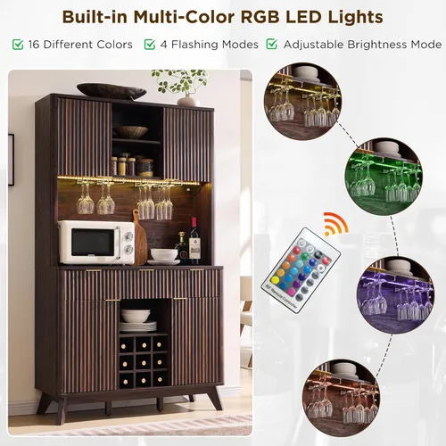 Miniatura 5 de OKD Gabinete de barra de café acanalado de 72 pulgadas de alto con amplio almacenamiento, aparador de buffet moderno con soporte para vidrio, Nogal