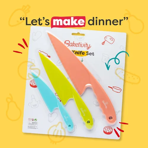 Miniatura 2 de Baketivity Juego de cuchillos para niños de 3 piezas Cuchillos seguros de plástico para niños para cocina Juego de cuchillos para niños pequeños