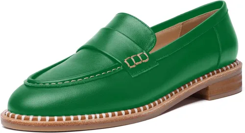 Miniatura 16 de FOGEENA Mocasines de cuero mate para mujer, estilo casual, sin cordones, punta redonda, tacón bajo grueso, zapatos de vestir de 1 pulgada