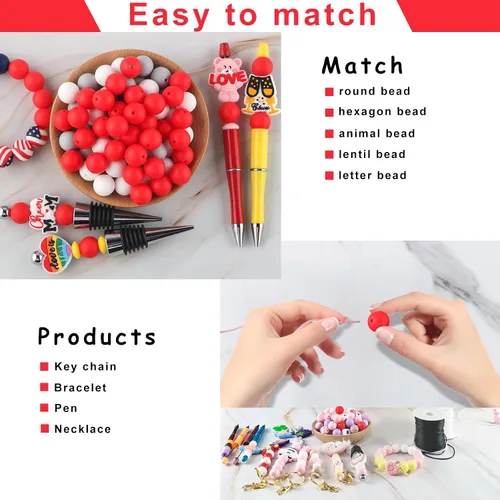 Miniatura 5 de Sunrony 70 cuentas de silicona para hacer collares, cuentas redondas de silicona a granel de 0.59 pulgadas para bolígrafos (rojo escarlata)