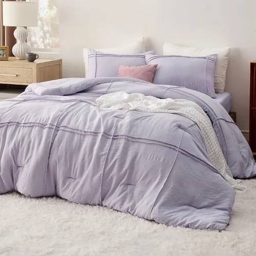 Bedsure Juego de edredón individual con sábana, 3 piezas, suave ropa de cama color morado lavanda, plisado de rejilla, juego de cama ligero y