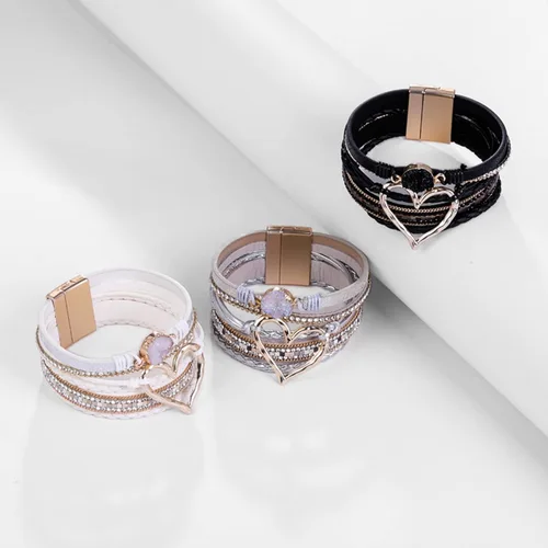 Miniatura 6 de Long tiantian Pulsera de cuero multicapa con corazón moderno bohemio con cierre magnético y diamantes de imitación para mujer, Cobre, otro