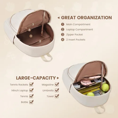 Miniatura 4 de Sucipi Bolsas de tenis para mujeres, Mochila bolsa acolchada para raqueta de tenis para raqueta de tenis, palas de pickleball, bádminton beige
