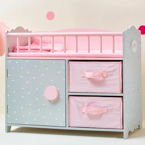 Miniatura 7 de Olivia's Little World Cuna de madera para muñeca con un gabinete y dos cubículos para almacenamiento de accesorios de muñeca debajo, lunares rosados