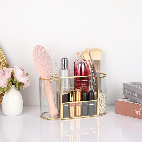 Miniatura 2 de Hipiwe Soporte para brochas de maquillaje dorado, 4 ranuras, organizador de brochas de cosméticos de vidrio, soporte para control remoto, soporte