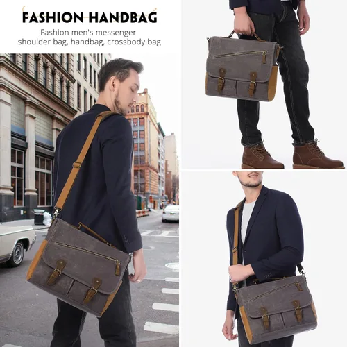 Miniatura 6 de LOVEVOOK Bolso bandolera para hombre de cuero auténtico impermeable de lona retro de 156 pulgadas para laptop para el trabajo la escuela los viajes