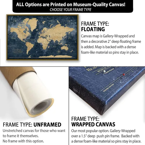 Miniatura 5 de HolyCowCanvas Mapa Mundial de Viajes Dorado y Azul Marino con Alfileres, Tablero de Mapa Mundial Personalizado con Alfileres para Rastrear Lugares