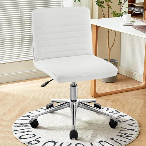 Miniatura 14 de Furniliving Silla de cuero para oficina en casa, silla de trabajo de escritorio sin brazos con ruedas, silla giratoria de 360° para computadora