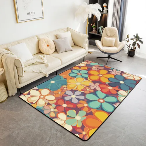 Miniatura 44 de Erosebridal Alfombra de área con tema Groovy de los 70 para sala de estar y dormitorio, alfombra retro con símbolo de paz antideslizante, alfombra