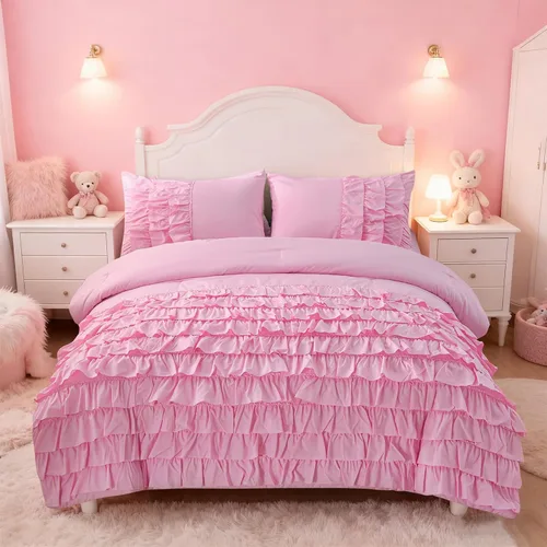 Miniatura 12 de Holawakaka Juego de edredón con volantes en cascada de color azul claro, juego de ropa de cama con volantes estilo shabby chic para niñas, mujeres