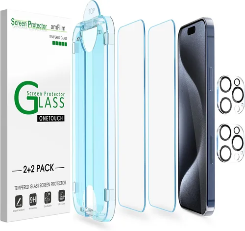 amFilm Instalación más fácil OneTouch para iPhone 15 Pro Max Protector de pantalla [6.7 pulgadas] Vidrio templado + Protector de lente de cámara,