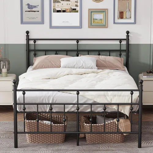 Miniatura 3 de Weehom Base de cama de tamaño matrimonial con cabecero y estribo, plataforma de metal, marco de cama debajo de la cama, diseño moderno para niños