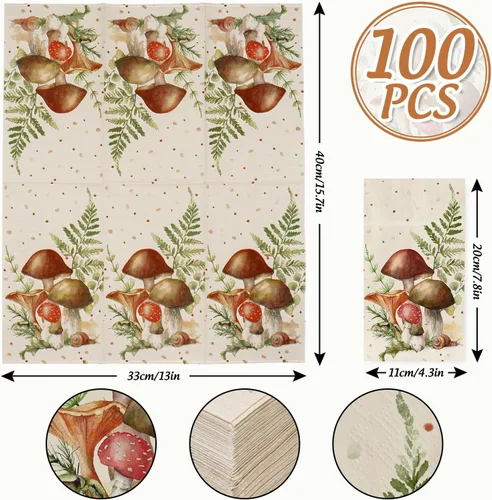 Miniatura 2 de AnyDesign Paquete de 100 servilletas de hongos para invitados con puntos y hojas de hongo, servilletas de papel desechables en acuarela, toalla