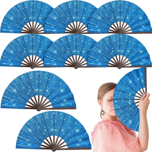Miniatura 10 de Wenqik Abanico de mano plegable grande con purpurina de 9 piezas, decoración del día de San Valentín, ventilador chino de Kung Fu para el hogar