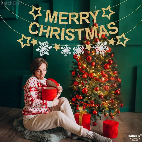 Miniatura 3 de KatchOn, Pancarta de Feliz Navidad con Purpurina para Interiores - Grande de 10 Pies, 3 Cuerdas Guirnalda de Copos de Nieve Decoraciones