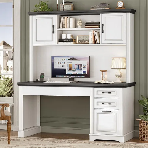 SEDETA Escritorio para computadora estilo granja con estantería superior y 3 cajones, escritorio de oficina ejecutivo de 47.2" con cajones de Blanco