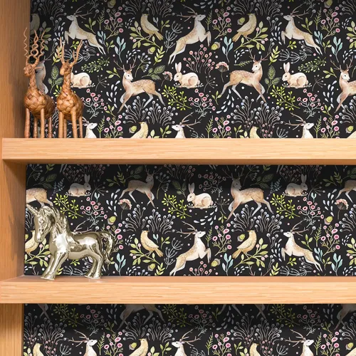 Miniatura 3 de VaryStyle Papel tapiz de 17.7 x 118 pulgadas con diseño de animales del bosque, selva, lindo ciervo, conejo, pájaro, musgo, floral, papel