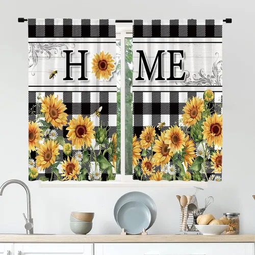 Miniatura 2 de Cortinas rústicas de cocina con girasoles de 27.5 pulgadas de ancho x 39 pulgadas de alto, bolsillo para cortinero, diseño de flores de búfalo