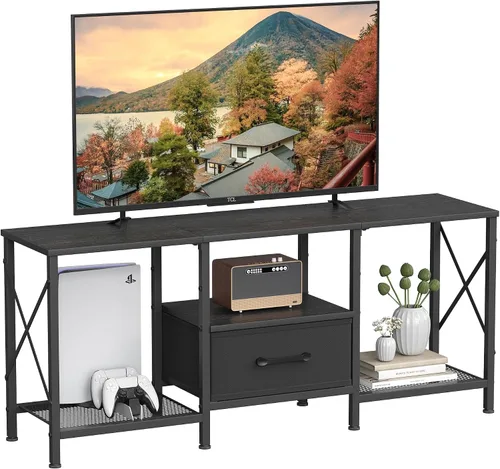 JARHETUN - Soporte de TV con cajón de tela, centro de entretenimiento para TV de 50 55 pulgadas, consola de TV industrial con estantes de Negro