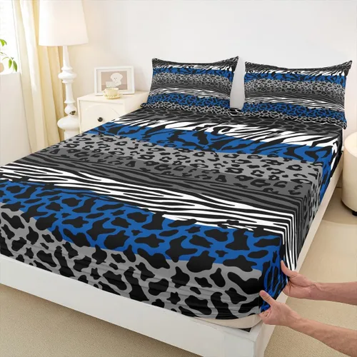 Miniatura 16 de Sábana bajera ajustable con estampado de leopardo, tamaño individual, juego de ropa de cama rústica con rayas de piel de cebra, decoración