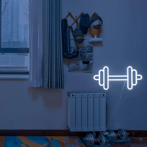 Miniatura 8 de Letrero de neón de gimnasio Lucunstar en forma de barra y mancuerna Luces de neón blancas pegatinas de pared para gimnasio para decoración de club