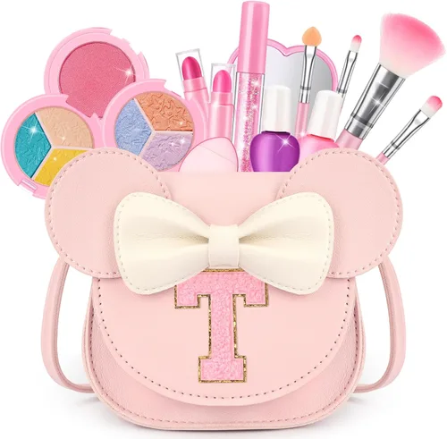 Miniatura 26 de Kit de maquillaje para niñas – Juego de maquillaje lavable real de 15 piezas – Cosmético no tóxico para niños pequeños con bolso de letras – Regalos