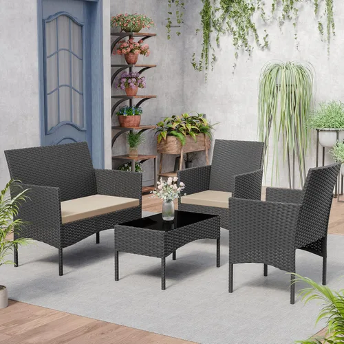 Miniatura 4 de Kurapika juego de muebles de patio 4 piezas de mimbre al aire libre, sillas de ratán, juego informal con mesa de café, juego de bistró con mecedora