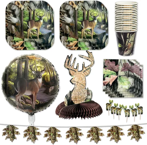 Havercamp Paquete de fiesta de lujo Hunting Camo Buck para 16 invitados. El kit tiene 16 platos llanos cuadrados de 9 pulgadas, servilletas y tazas