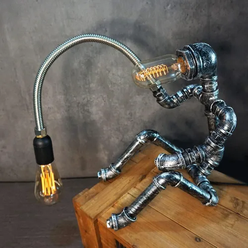 Miniatura 3 de Lámpara de mesa Steampunk, robot de tubería de agua, estilo industrial vintage, lámpara de mesa de escritorio para mesita de noche, cafetería, bar