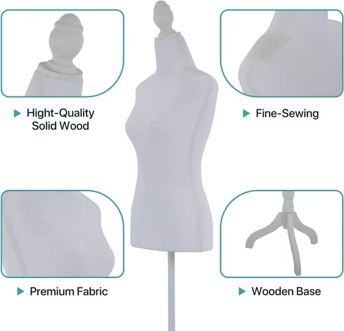 Miniatura 4 de Forma del vestido de cuerpo de torso de maniquí femenino, altura ajustable de 49.6 a 63.4 pulgadas con trípode de madera para exhibición de Blanco