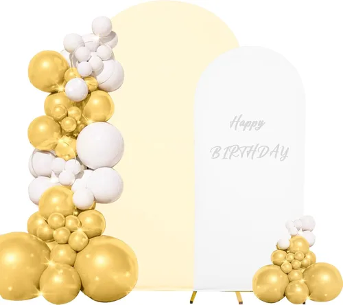 Miniatura 10 de Juego de 2 fundas para arco de boda de 2 lados, parte superior redonda de spandex, funda ajustada para telón de fondo de arco para fiesta de Beige