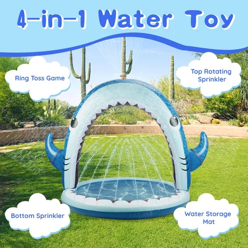 Miniatura 3 de Gleamkid Aspersor de tiburón gigante para niños, juguetes inflables de agua con rociador de 360°, 4 anillos de lanzamiento de plástico, juego