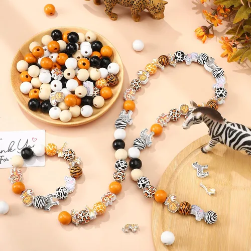 Miniatura 3 de Glenmal 200 cuentas de madera de animales de la selva, lindos animales, cuentas coloridas con estampado de vaca, leopardo, tigre, jirafa