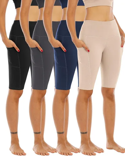 Miniatura 27 de WHOUARE Paquete de 4 pantalones cortos de yoga con bolsillos para mujer, cintura alta, atléticos, correr, entrenamiento, gimnasio, control de abdomen