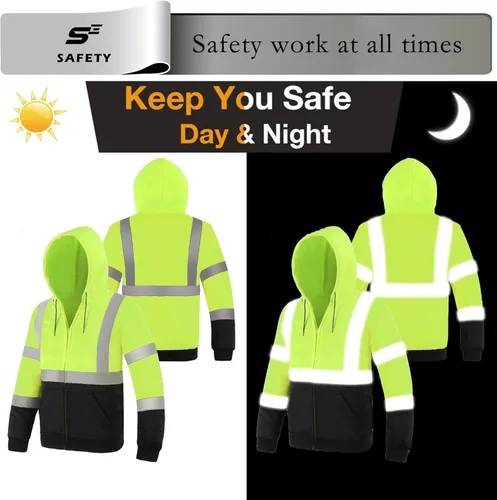 Miniatura 6 de sesafety Sudadera de seguridad de alta visibilidad para hombre, sudadera con capucha reflectante con cremallera clase 3, sudadera con capucha