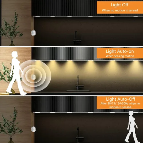 Miniatura 4 de Sensor de movimiento de luz LED para debajo del gabinete, 6 discos de 3 colores de apagado automático debajo de la encimera, luz blanca cálida