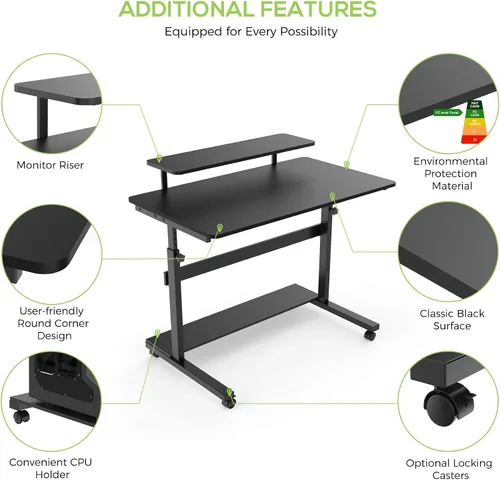 Miniatura 8 de EUREKA ERGONOMIC Escritorio móvil de pie ajustable en altura, estación de trabajo de computadora con estante para monitor, escritorio portátil