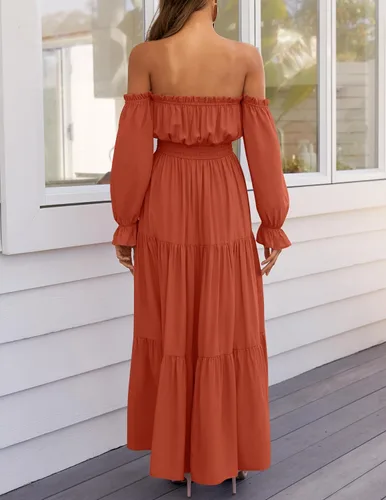 Miniatura 44 de ZESICA - Vestido largo, bohemio y sexy, con hombros descubiertos y manga larga fruncida, con elástico fruncido, cintura alta y abertura lateral