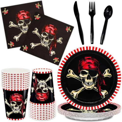 DYLIVeS Suministros para fiesta de pirata, decoraciones de fiesta temática de pirata rojo, cráneo, cornisa pirata, regalos de fiesta de cumpleaños
