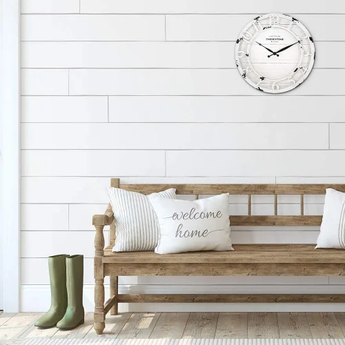 Miniatura 6 de Presentime & Co - Reloj de pared de la serie Farmhouse de 13 pulgadas, movimiento de cuarzo, estilo Shiplap, número arábigo 3D elevado, blanco