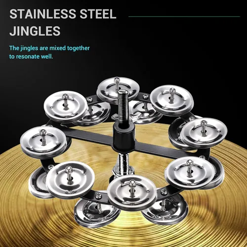 Miniatura 2 de Facmogu Pandereta de Platillos Hi-Hat Montable Negra de 5.5 Pulgadas con Cascabeles de Acero Inoxidable de Doble Fila, Juego de Platillos Hi-Hat
