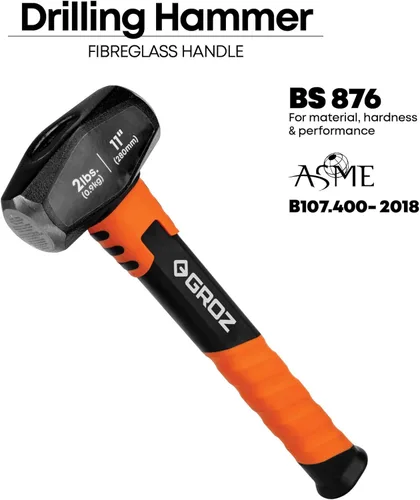 Miniatura 2 de Groz Martillo de perforación de 2 libras con mango de fibra de vidrio de 11 pulgadas, cabeza forjada 50-58 HRC, agarre antivibración TPR, martillo
